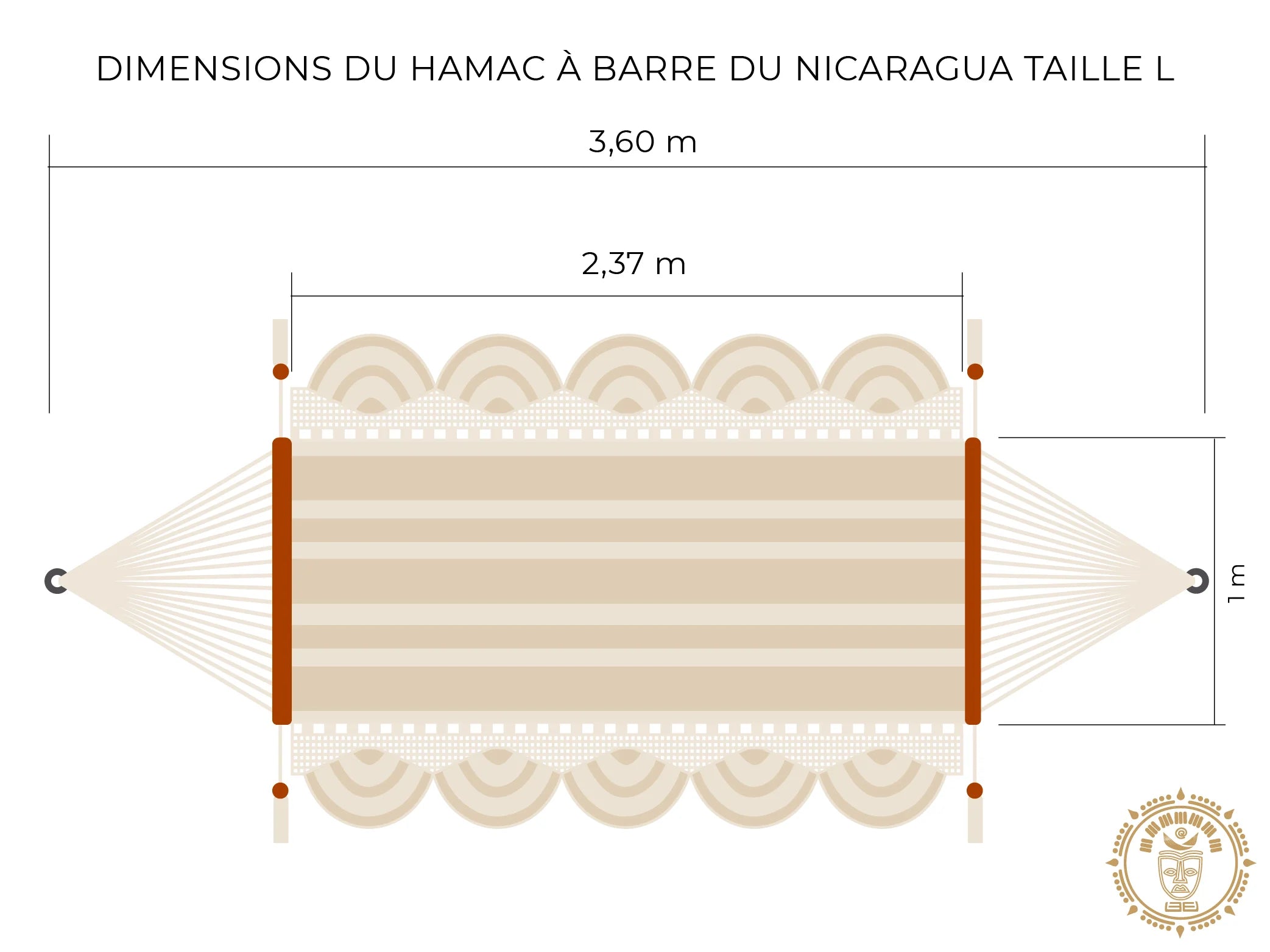 Dessin d'un hamac à barre du Nicaragua fait main L avec mesures détaillées plusieurs couleurs
