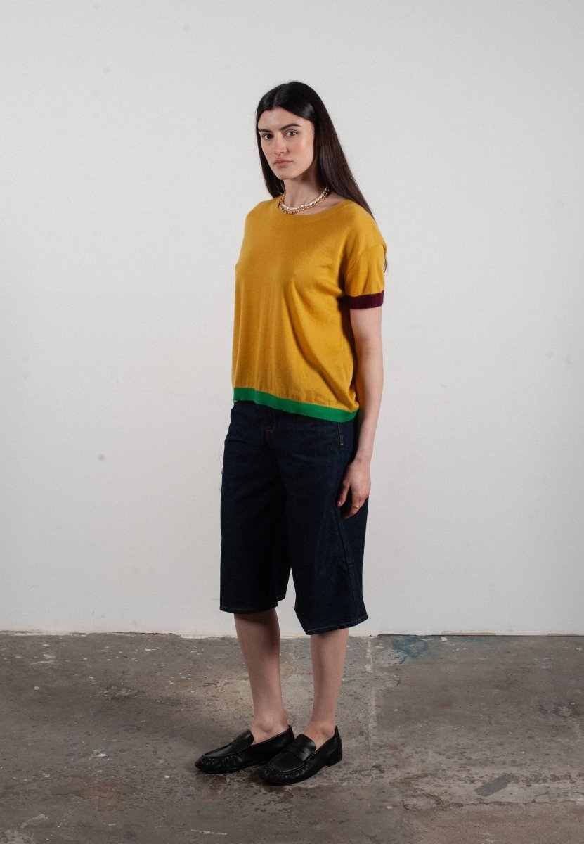 T-shirt col rond manches courtes femme en cachemire & laine ultrafin jaune & rouge bordeaux & vert - KELLY 8