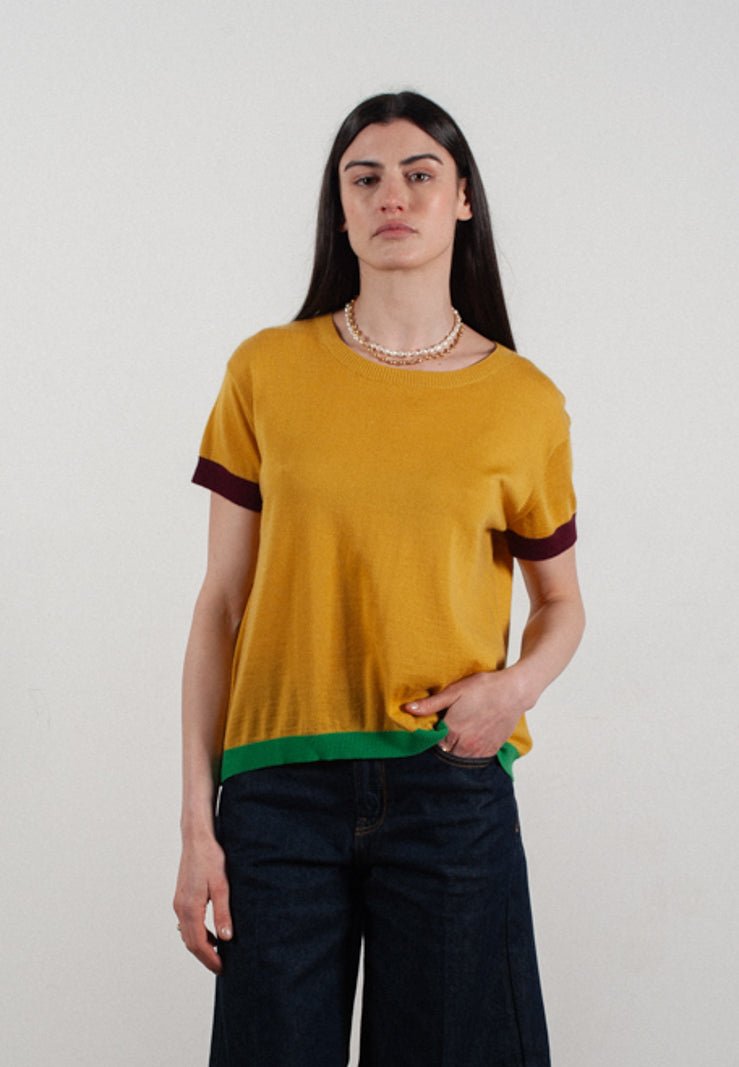 T-shirt col rond manches courtes femme en cachemire & laine ultrafin jaune & rouge bordeaux & vert - KELLY 8